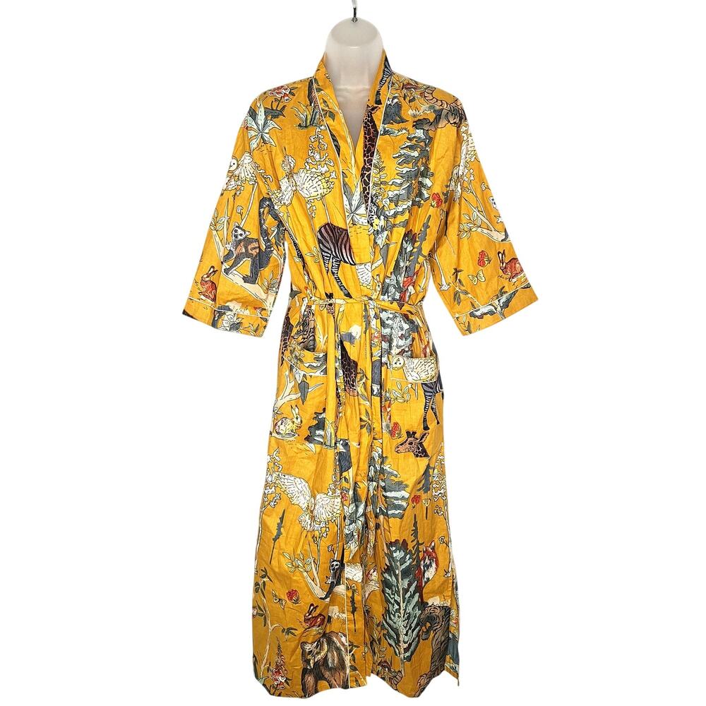 Shahenaz Long Forest Animals Kimono Cotton Robe Wrap Tiger Fox Owl Lemur Mustard